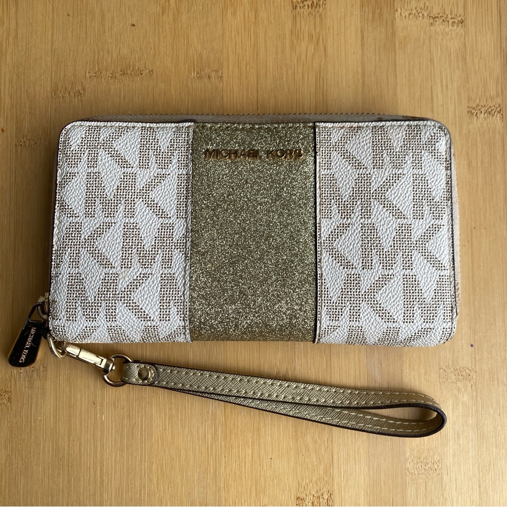 Michael Kors Vanilla Monogram Gold Glitter Stripe Wristlet Wallet